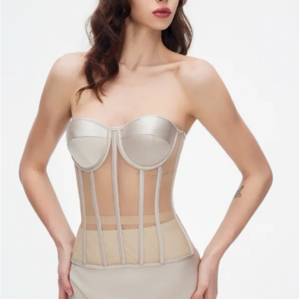Strapless Nude Sheer Boned Waist-Cincher Corset Top